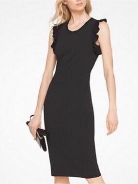 Michael Kors Black Ruffle-Sleeve Midi Sheath Dress